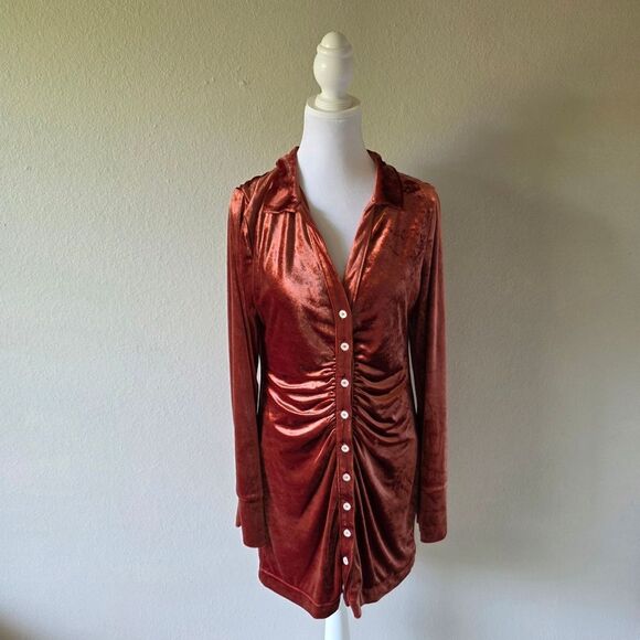 Free People Shayla Velvet Mini Dress In Terracotta Medium - Picture 2 of 6